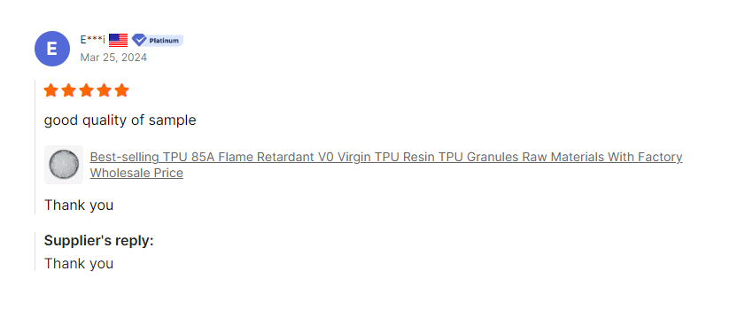 customer testimonials for 85a flame retardant vo virgin tpu resin
